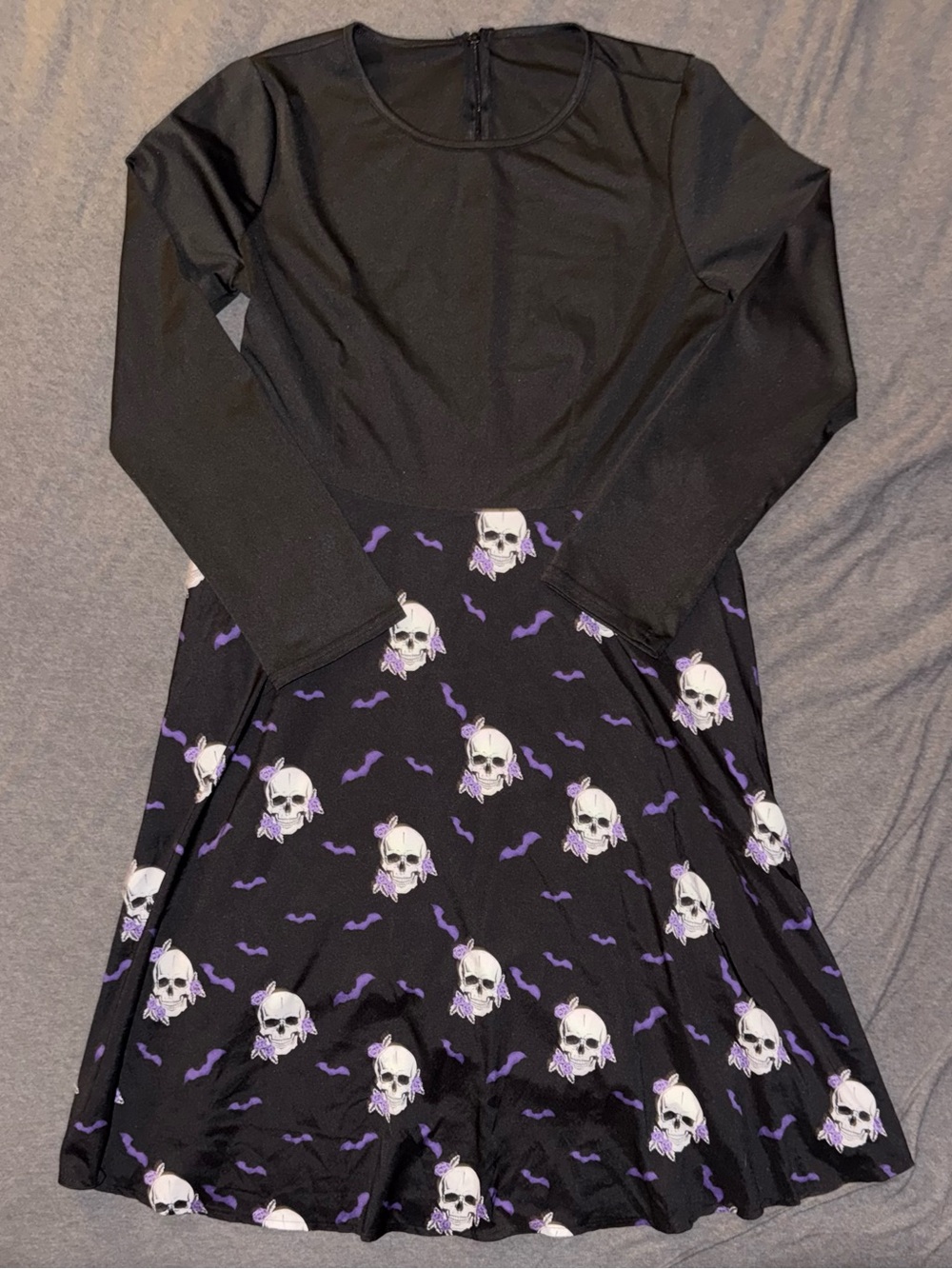 Women's L-XL Black Skull Print Long Sleeve Halloween Dress